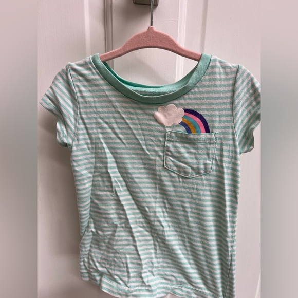 Carter’s 24M light Blue/Green and White Striped Short Sleeve Top with Rainbow - Picture 1 of 5